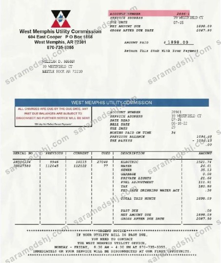 USA WEST MEMPHIS UTILITY COMMISSION utility bill Word and PDF template